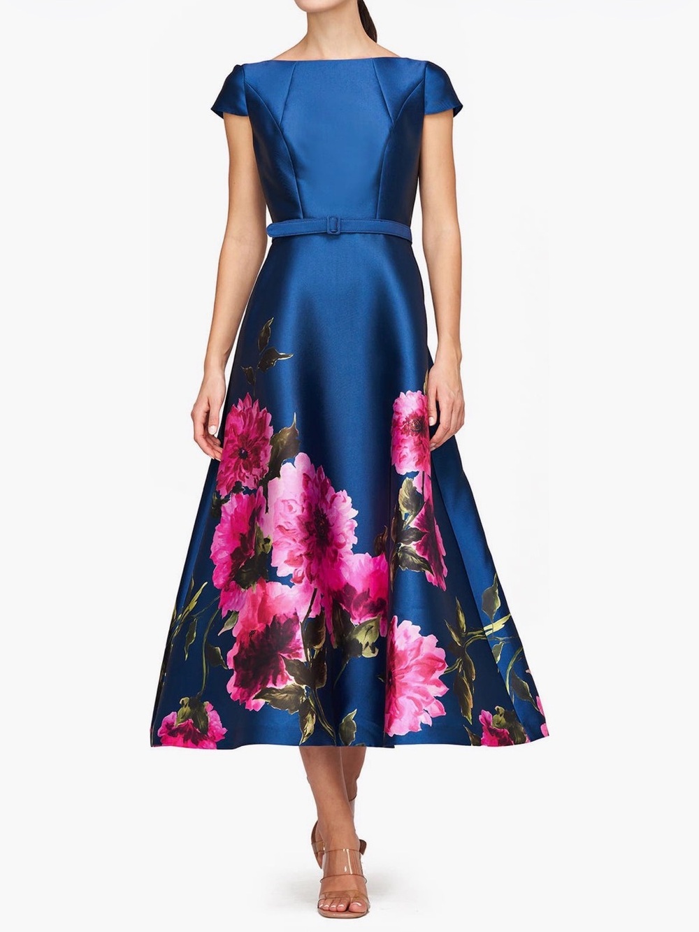 Kay Unger Navy Satin Floral Belted Midi Dress
